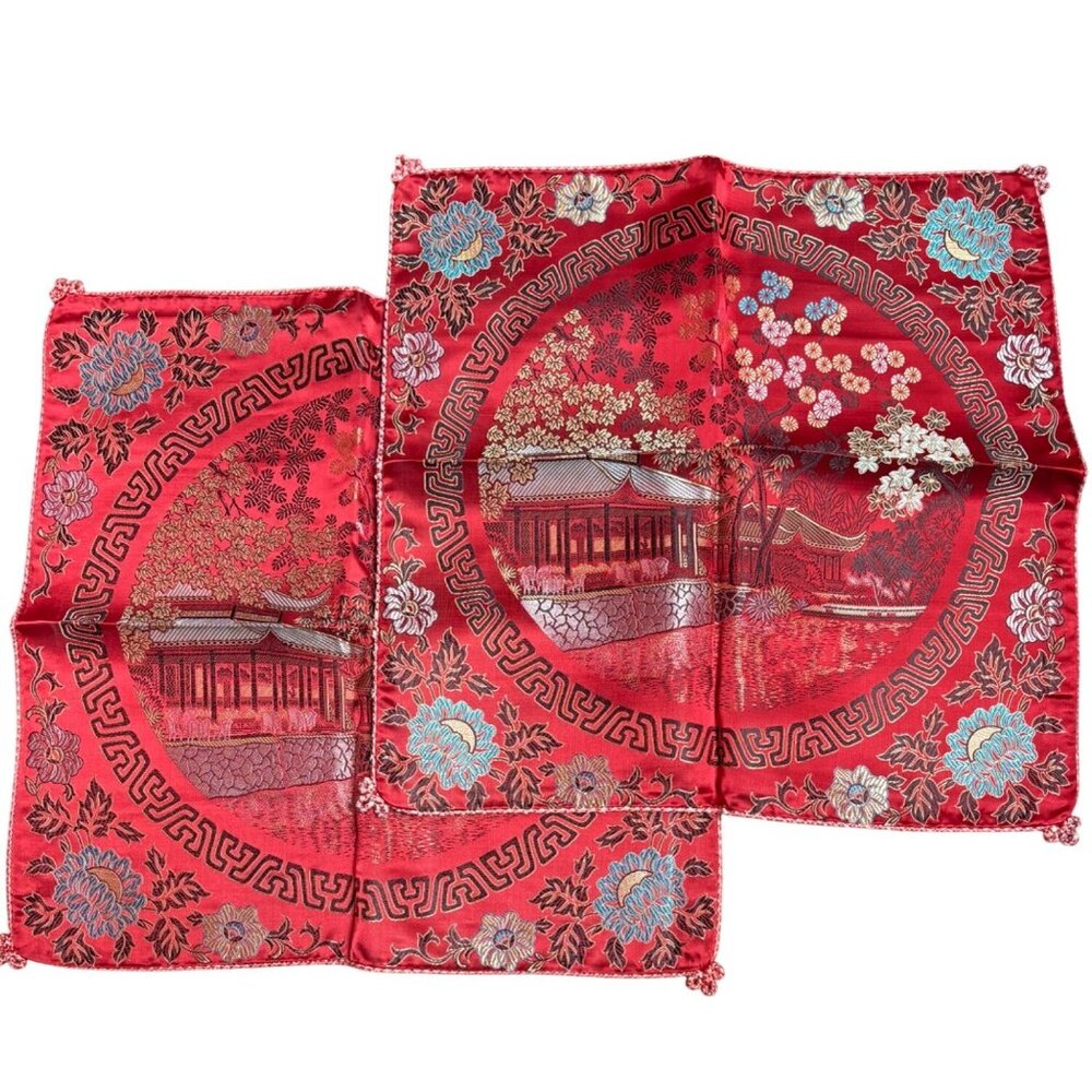 Vintage Red Silk Brocade Chinese Decorative Cushion Cover With Floral & Pagoda D